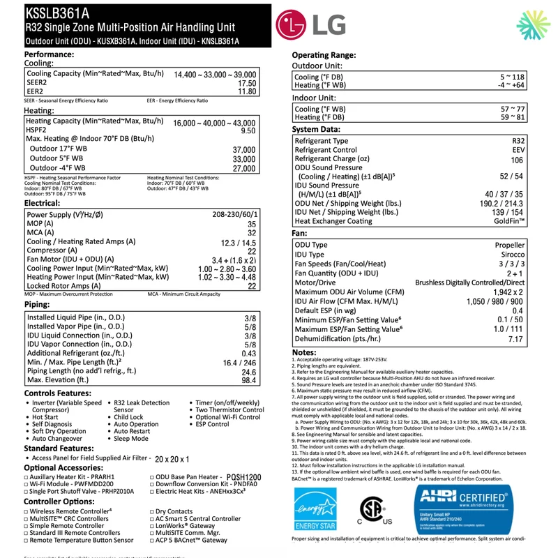 Thermopompe Centrale LG R32 | 3 Tonnes - 36 000 BTU