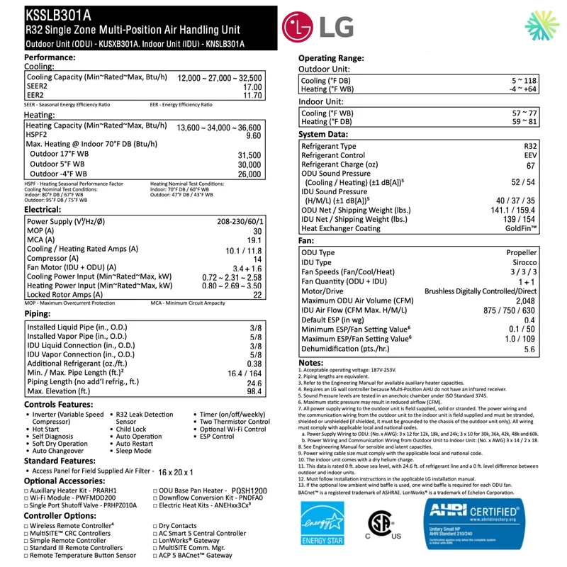 Thermopompe Centrale LG R32 | 2.5 Tonnes - 30 000 BTU