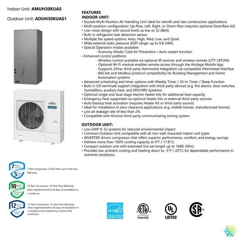 Thermopompe centrale FUJITSU CENTAURI R32 | 2.5 Tonnes - 30000 BTU