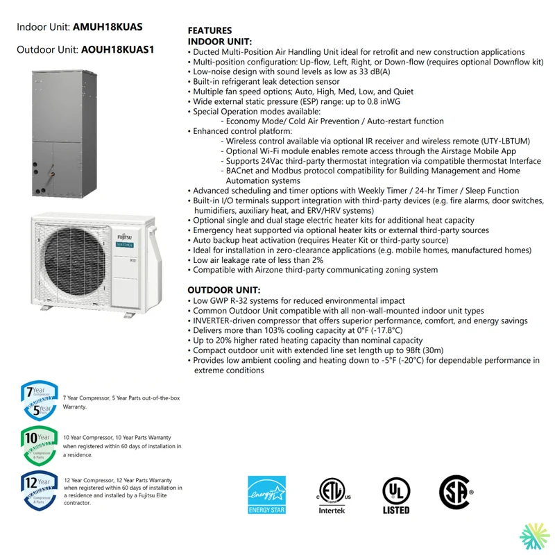 Thermopompe centrale FUJITSU CENTAURI R32 | 1.5 Tonnes - 18000 BTU