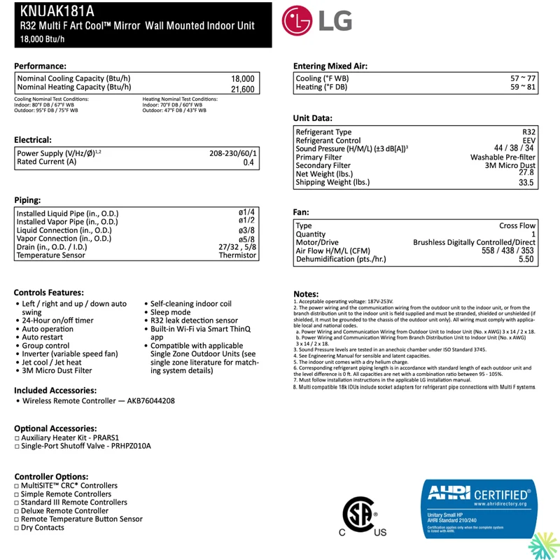 Mini Split LG ARTCOOL MIROIR (Noir) | R32 | 18000 BTU
