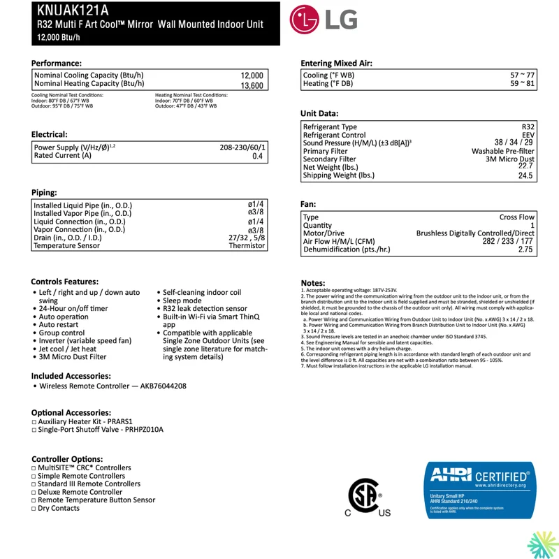 Mini Split LG ARTCOOL MIROIR (Noir) | R32 | 12000 BTU