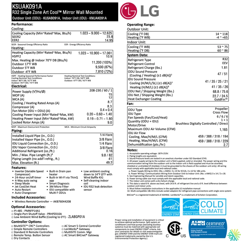 Mini Split LG ARTCOOL MIROIR (Noir) | R32 | 9000 BTU