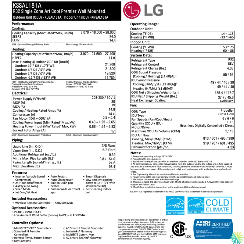 Thermopompe Murale LG ARTCOOL PRESTIGE R32 | 18 000 BTU (-25°C)