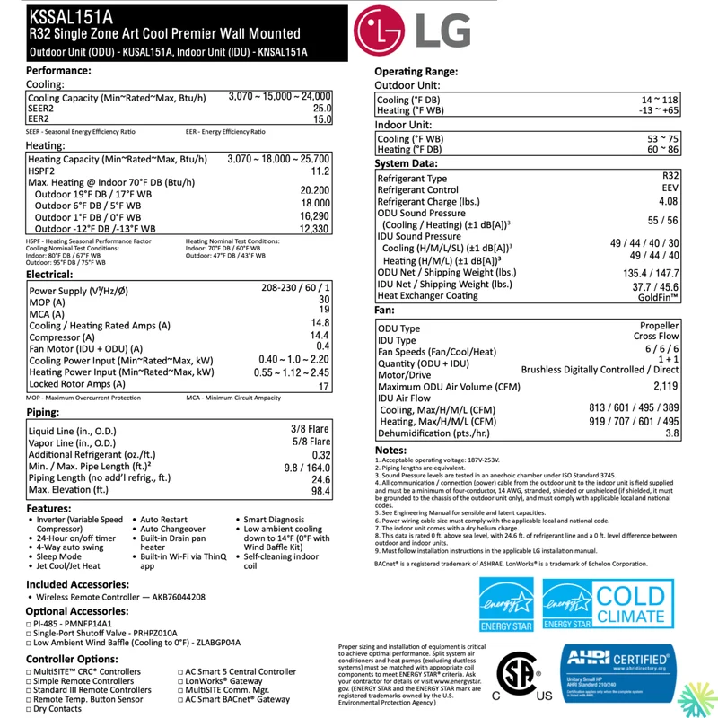 Thermopompe Murale LG ARTCOOL PRESTIGE R32 | 15 000 BTU (-25°C)