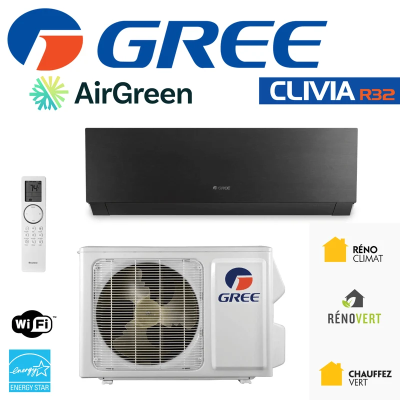 Thermopompe Murale GREE CLIVIA R32 (NOIR) | 24 000 BTU | Montréal, Rive Sud & Rive Nord