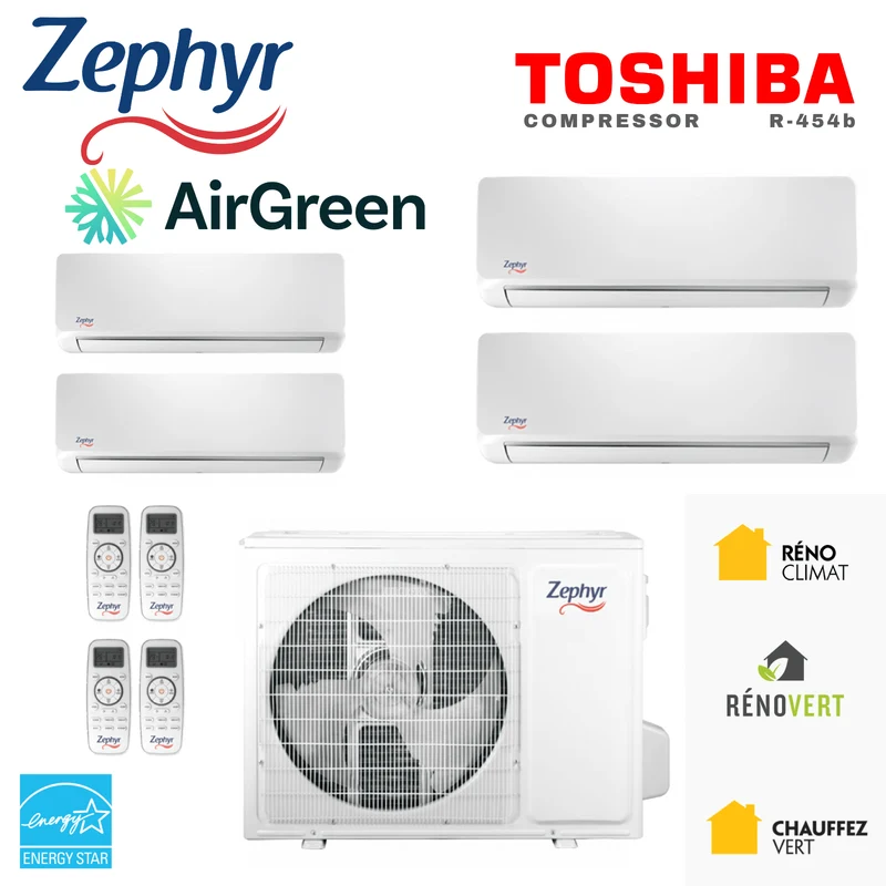 Thermopompe 4-Zone Zephyr R-454B | Compresseur 42 000 BTU | Montréal, Laval, Longueuil, Rive Sud & Rive Nord