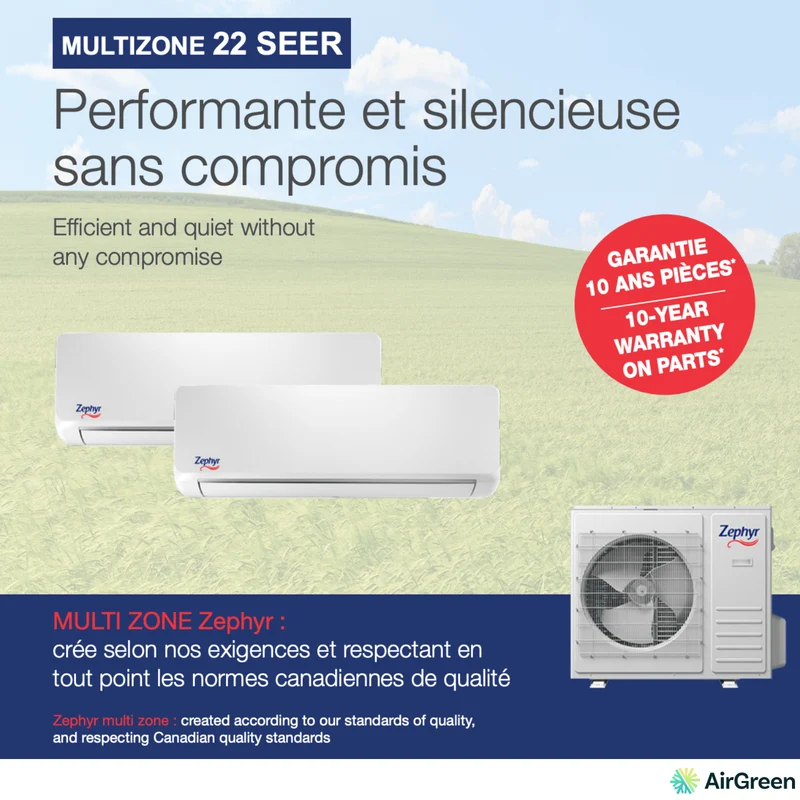 Thermopompe 4-Zone Zephyr R-454B | Compresseur 36 000 BTU | Montréal, Laval, Longueuil, Rive Sud & Rive Nord
