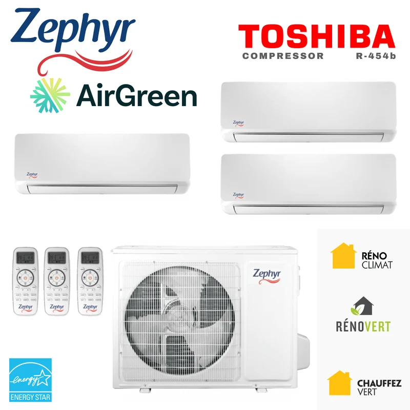 Thermopompe TripleZone Zephyr R-454B | Compresseur 36 000 BTU | Montréal, Laval, Longueuil, Rive Sud & Rive Nord