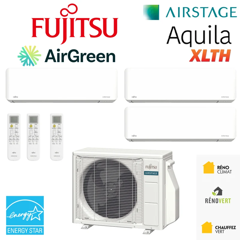 Thermopompe TripleZone FUJITSU Aquila XLTH R32 | 24 000 BTU | Montréal, Laval, Rive Sud, Rive Nord