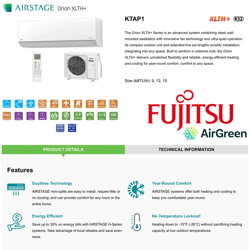 Mini Split FUJITSU ORION XLTH+ | 15 000 BTU | Montréal, Laval, Rive Sud, Nord