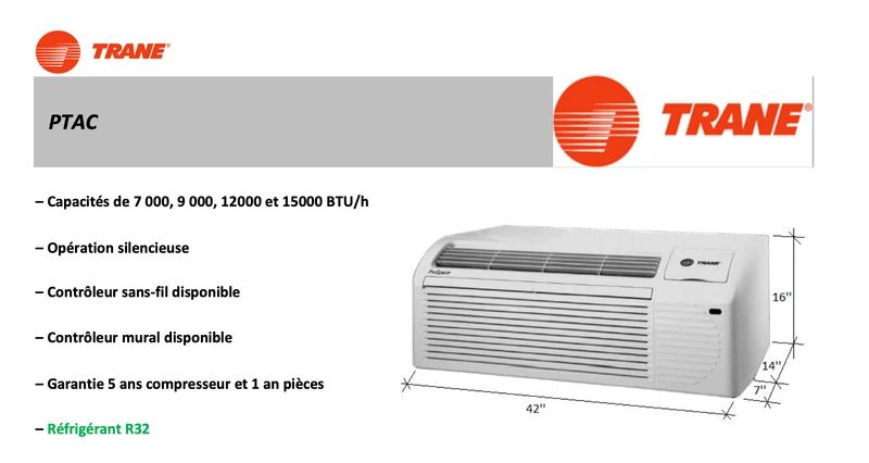 Climatiseur PTAC Trane R32 | 7 000 BTU | Montréal, Rive Sud, Rive Nord