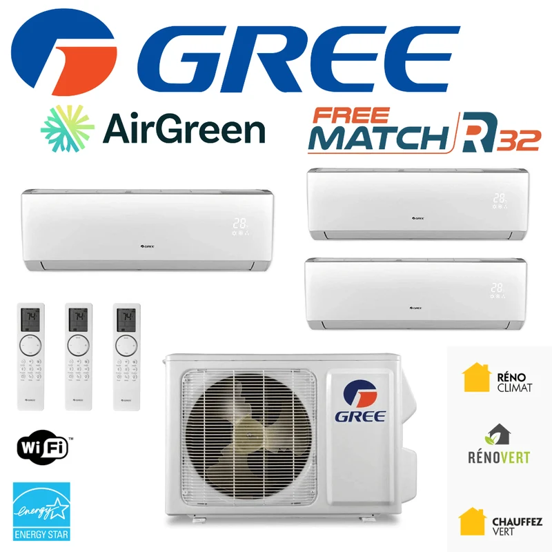 Thermopompe TripleZone Gree FreeMatch R32 | 24 000 BTU | Montréal, Laval, Longueuil, Rive Sud & Rive Nord