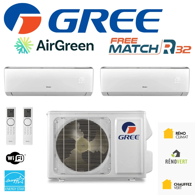 Thermopompe DoubleZone Gree FreeMatch R32 | 24 000 BTU | Montréal, Laval, Longueuil, Rive Sud & Rive Nord