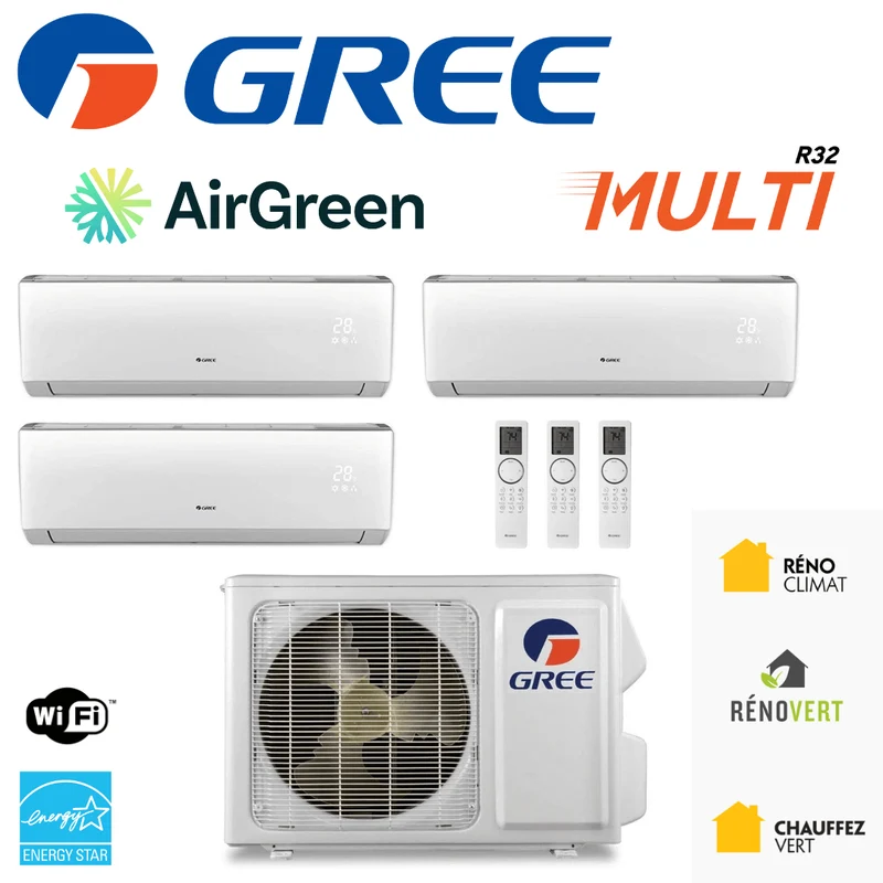 Thermopompe Triple Zone Gree MULTI R32 | Ext : 30 000 BTU | Montréal, Laval, Longueuil, Rive Sud & Rive Nord