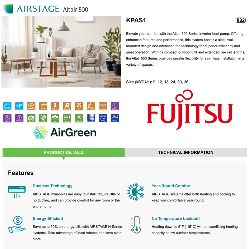 Thermopompe Murale FUJITSU ALTAIR 500 | KPAS R-32 | 12 000 BTU | Montréal, Laval, Longueuil, Rive Sud & Rive Nord