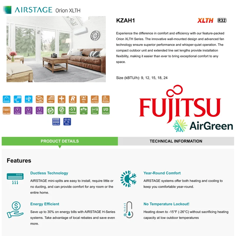 Thermopompe Murale FUJITSU ORION XLTH | KZAH R-32 | 9 000 BTU | Montréal, Laval, Longueuil, Rive Sud & Rive Nord