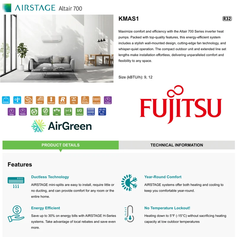 Thermopompe Murale FUJITSU ALTAIR 700 | KMAS R32 | 12 000 BTU | Montréal, Laval, Longueuil, Rive Sud & Rive Nord