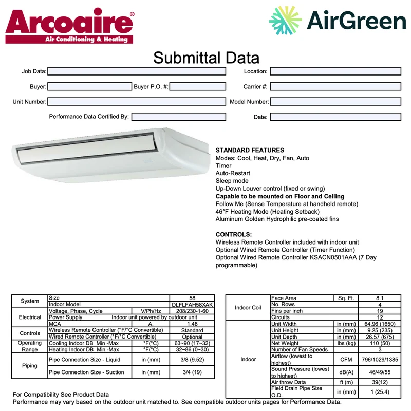 Unité Intérieure Plancher-Plafond ARCOAIRE | 58 000 BTU | Montréal, Laval, Longueuil, Rive Sud et Rive Nord