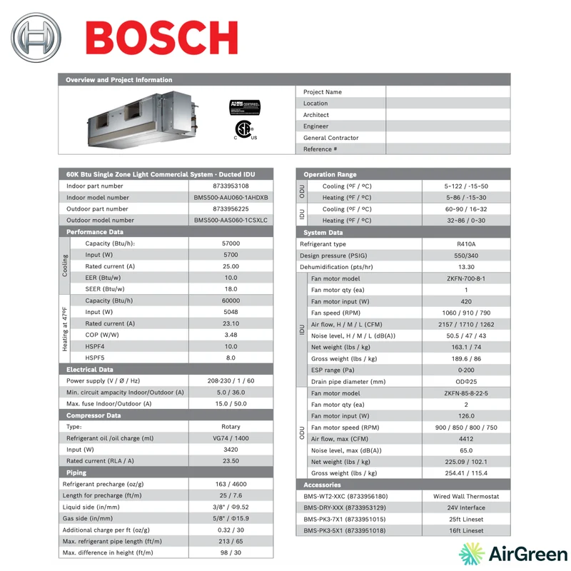 Système Gainable BOSCH | 60 000 BTU | Montréal, Laval, Longueuil, Rive Sud et Rive Nord