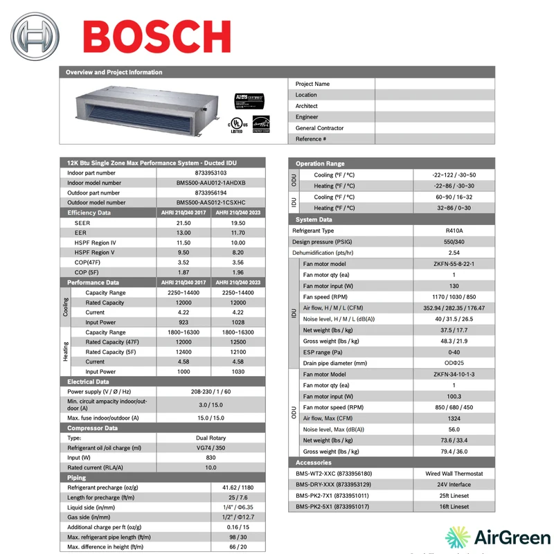 Système Gainable BOSCH | 12 000 BTU | Montréal, Laval, Longueuil, Rive Sud et Rive Nord