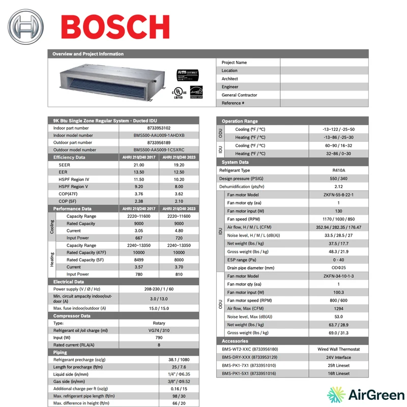 Système Gainable BOSCH | 9 000 BTU | Montréal, Laval, Longueuil, Rive Sud et Rive Nord