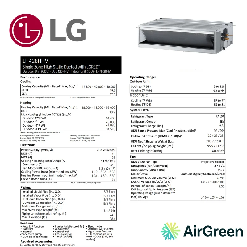 Ventilateur de gaine à haute pression statique LG | 42 000 BTU | Montréal, Laval, Longueuil, Rive Sud et Rive Nord