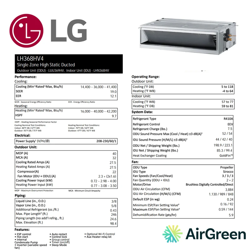 Ventilateur de gaine à haute pression statique LG | 36 000 BTU | Montréal, Laval, Longueuil, Rive Sud et Rive Nord