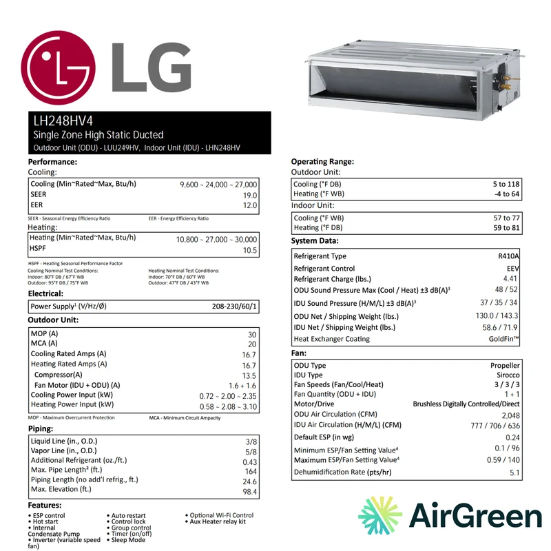Ventilateur de gaine à haute pression statique LG | 24 000 BTU | Montréal, Laval, Longueuil, Rive Sud et Rive Nord