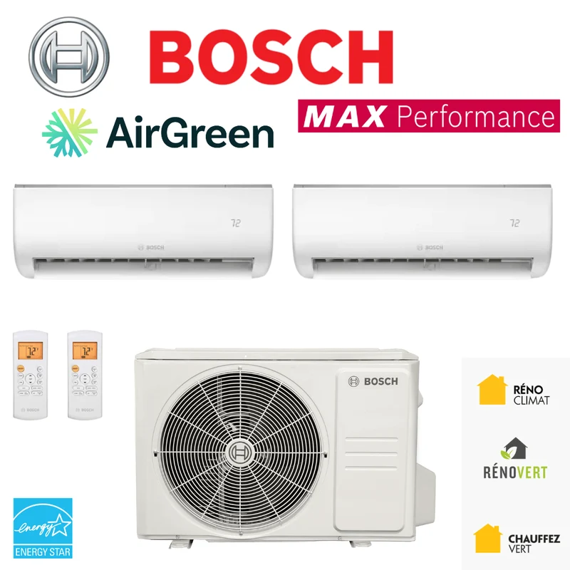 Thermopompe BOSCH Max Performance | 2 Têtes | Compresseur 18 000 BTU | Montréal, Laval, Longueuil, Rive Sud et Rive Nord