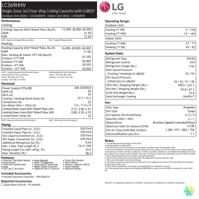 Cassette de Plafond LG DUAL VANE | 36 000 BTU | Montréal, Laval, Longueuil, Rive Sud & Rive Nord