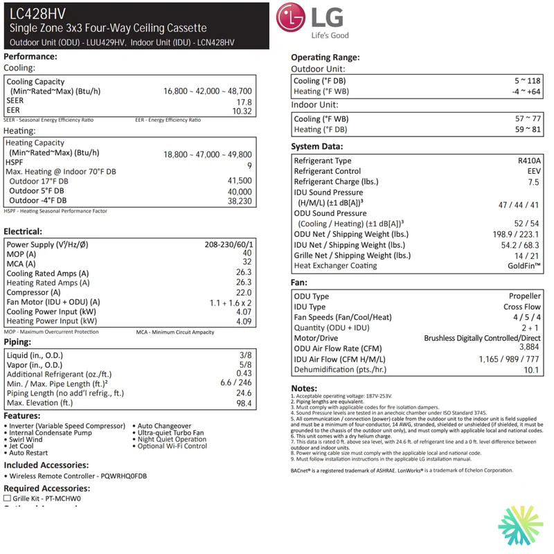 Cassette de Plafond LG | 42 000 BTU | Montréal, Laval, Longueuil, Rive Sud & Rive Nord