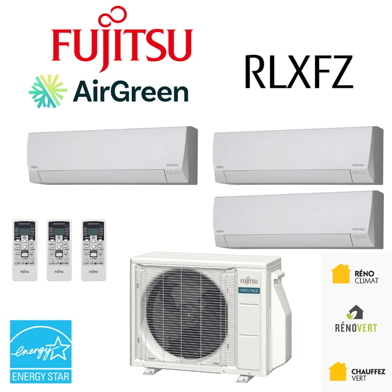 Thermopompe 3-Têtes Fujitsu RLXFZ | Compresseur 45 000 BTU | Montréal, Laval, Longueuil, Rive Sud et Rive Nord