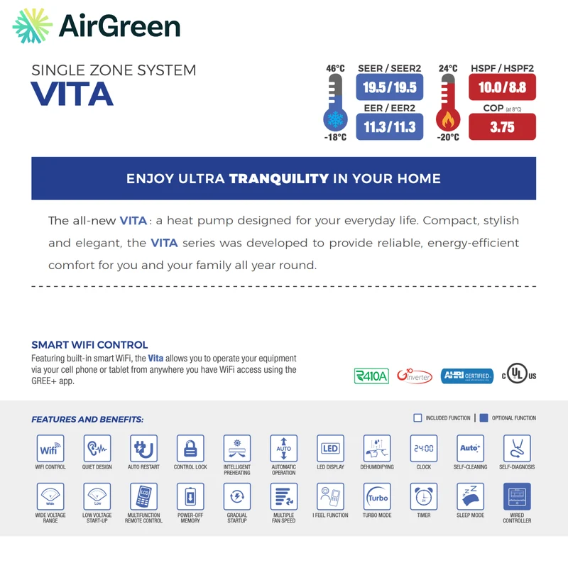 Thermopompe Murale GREE VITA | 9 000 BTU 115V (2024) | Montréal, Laval, Longueuil, Rive Sud & Rive Nord