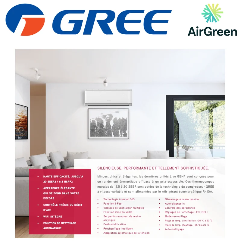 Thermopompe Murale Gree Livo Gen4 de 9 000 BTU | Montréal, Laval, Longueuil, Rive Sud et Rive Nord