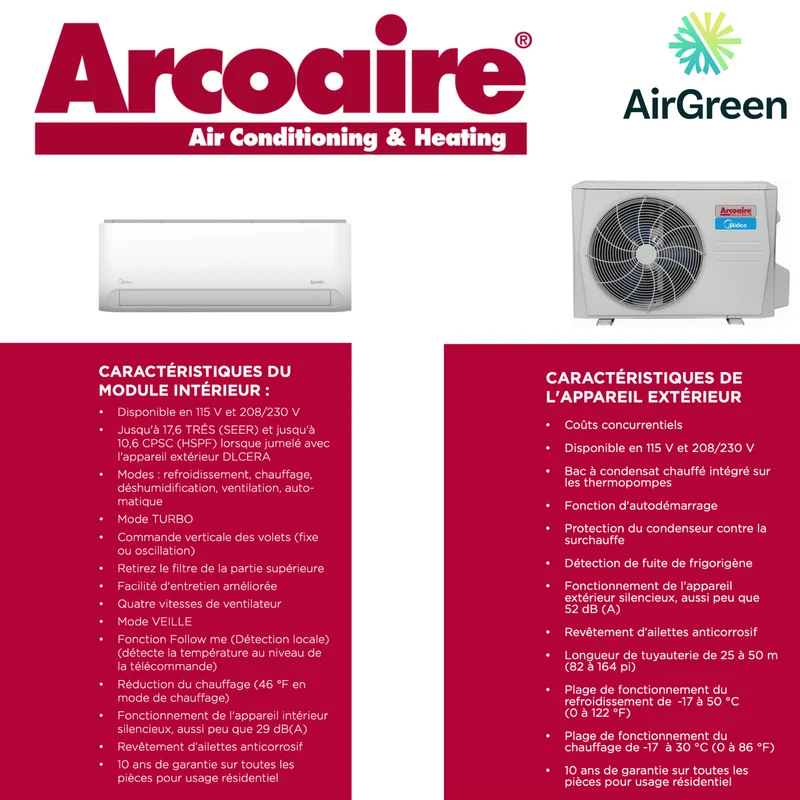 Thermopompe Arcoaire Performance 12 000 BTU | Montréal, Laval, Longueuil, Rive Sud et Rive Nord