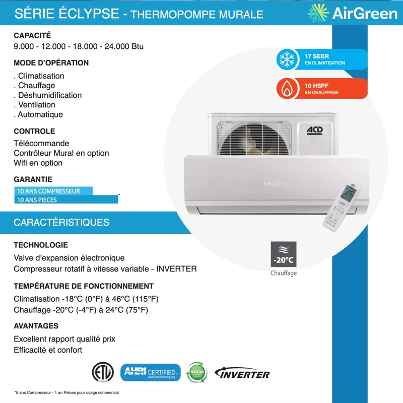 Thermopompe Murale ACD Éclypse 9 000 BTU | Montréal, Laval, Longueuil, Rive Sud et Rive Nord