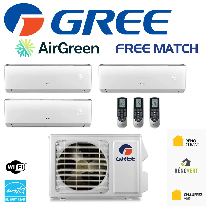 Thermopompe 3-Zones | Compresseur 24 000 BTU | Gree Free Match Série M | Montréal, Laval, Longueuil, Rive Sud et Rive Nord