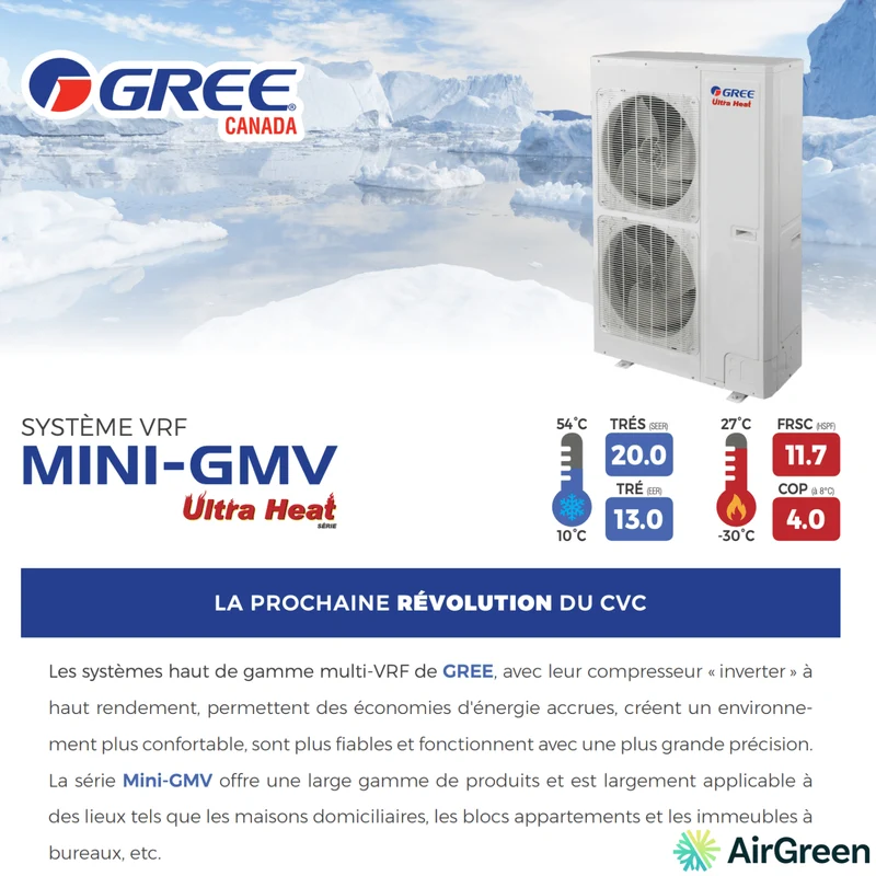 Système VRF | GREE Mini-GMV | 2-Zones | Compresseur 48 000 BTU | Montréal, Laval, Longueuil, Rive Sud et Rive Nord