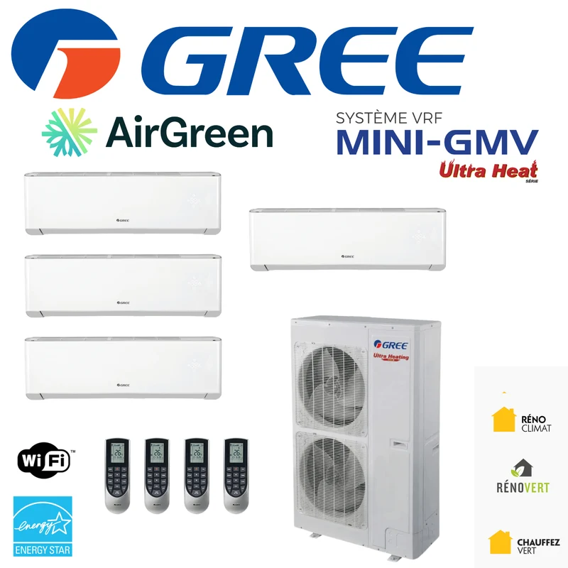 Système VRF | GREE Mini-GMV | 4-Têtes | Compresseur 36 000 BTU | Montréal, Laval, Longueuil, Rive Sud et Rive Nord