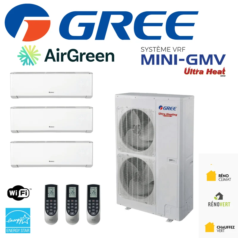 Système VRF | GREE Mini-GMV | 3-Têtes | Compresseur 36 000 BTU | Montréal, Laval, Longueuil, Rive Sud et Rive Nord