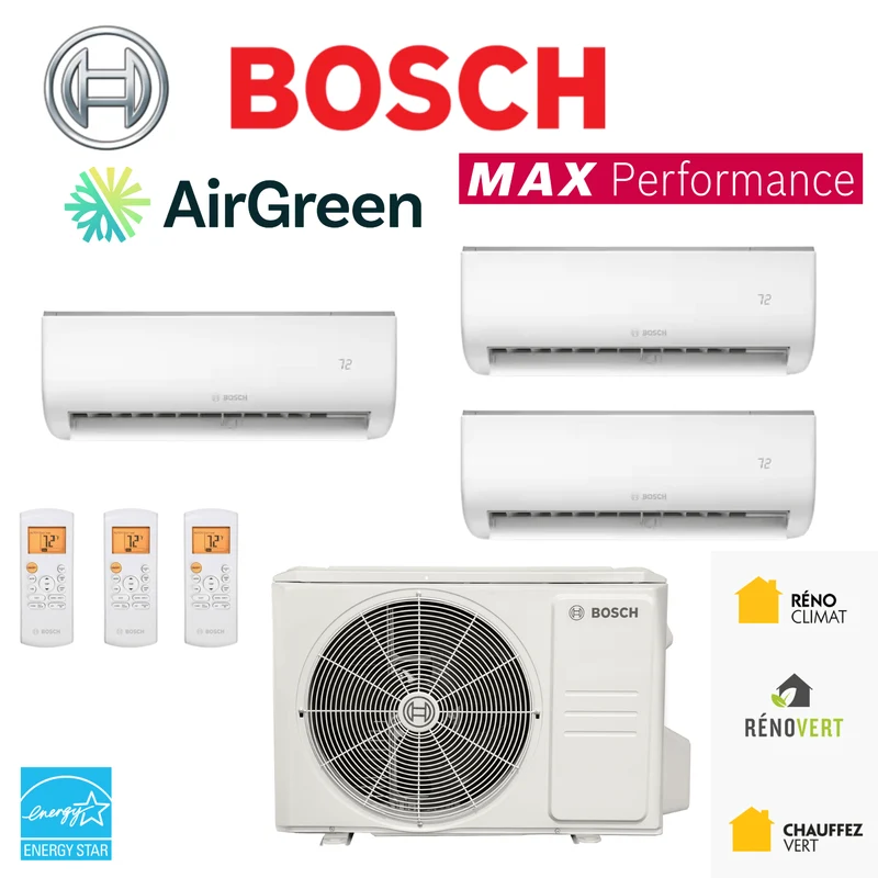Thermopompe BOSCH Max Performance | 3 Têtes | Compresseur 36 000 BTU | Montréal, Laval, Longueuil, Rive Sud et Rive Nord