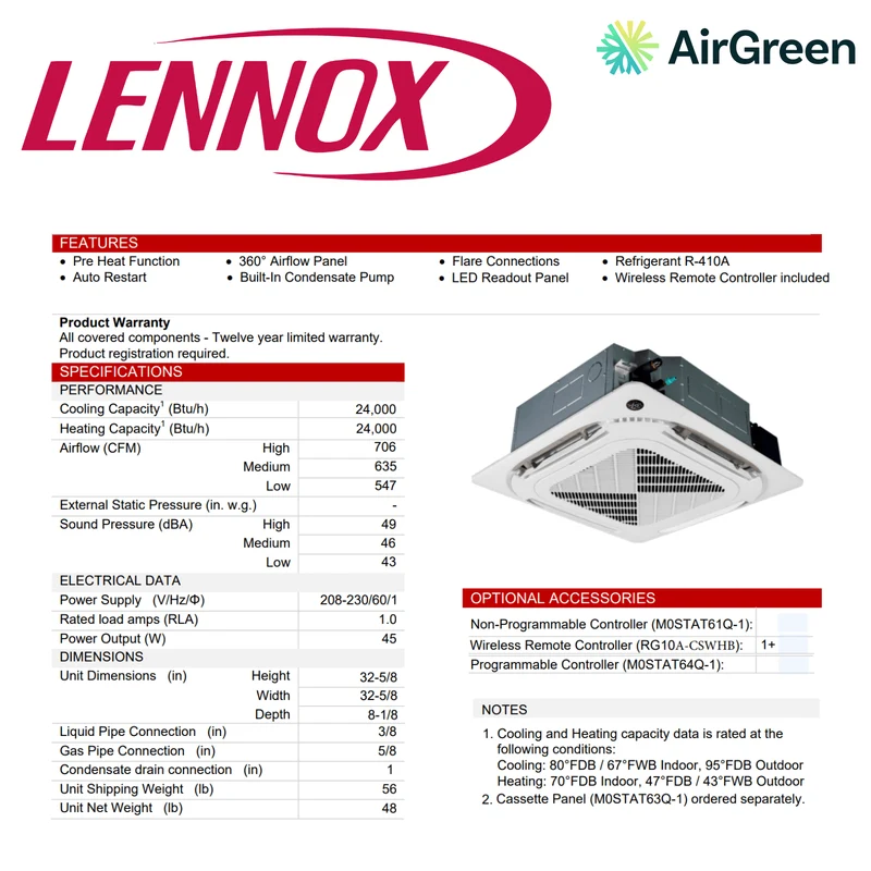 Cassette de Plafond Lennox M33C | 24000 BTU | Montréal, Laval, Longueuil, Rive Sud & Rive Nord