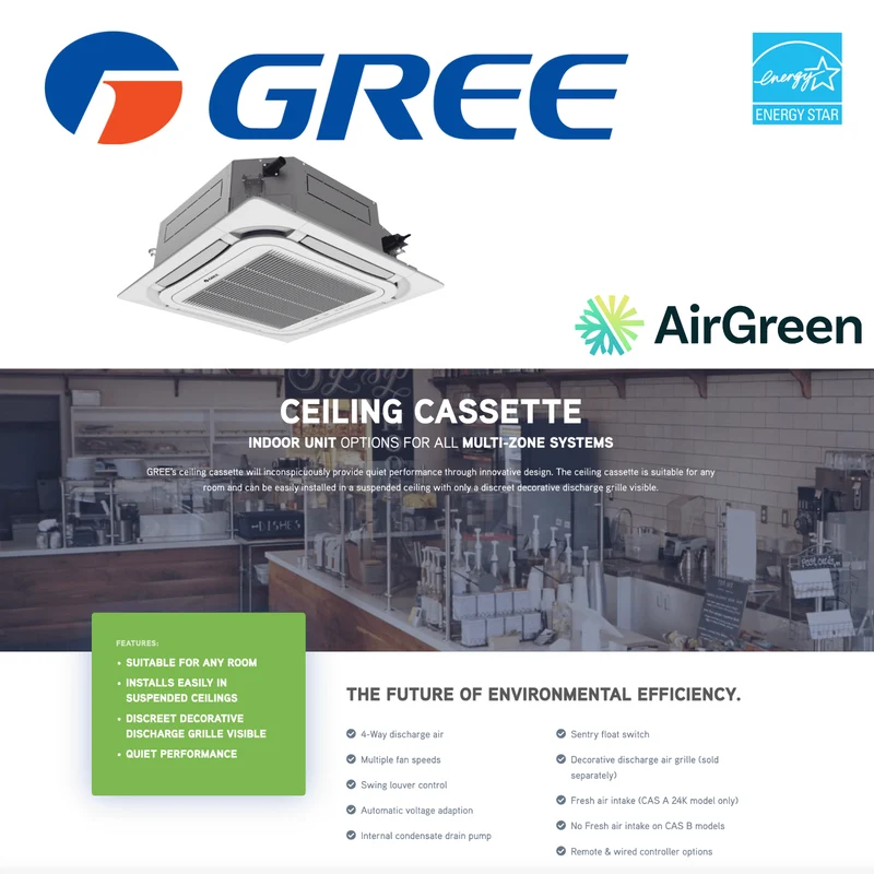 Cassette de Plafond GREE Rev B | 18 000 BTU | Installation à Montréal, Laval, Longueuil, Rive Sud et Rive Nord