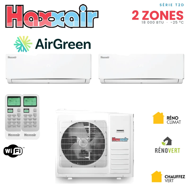 Thermopompe DoubleZone Haxxair T2D | Compresseur 18 000 BTU | Montréal, Laval, Longueuil, Rive Sud & Rive Nord