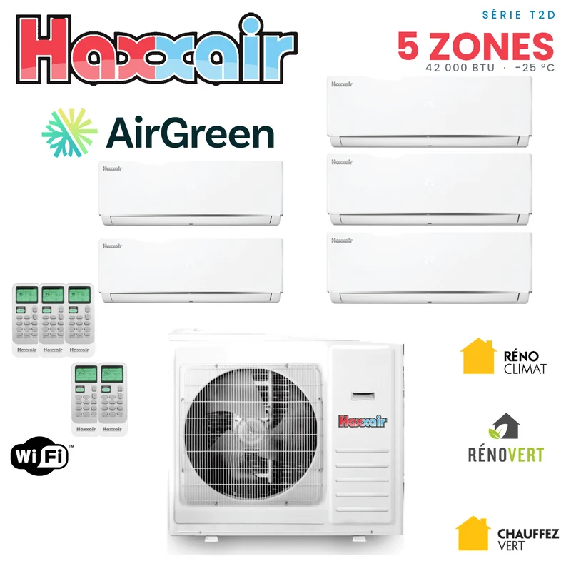 Thermopompe 5-Zones Haxxair T2D | Compresseur 42 000 BTU | Montréal, Laval, Longueuil, Rive Sud & Rive Nord