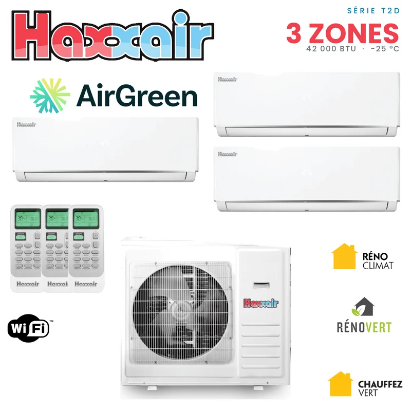 Thermopompe TripleZone Haxxair T2D | Compresseur 42 000 BTU | Montréal, Laval, Longueuil, Rive Sud & Rive Nord