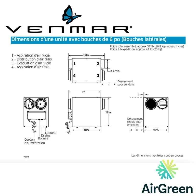 Échangeur d'Air VENMAR AVS® SÉRIE N A160E65RS Grand Montréal