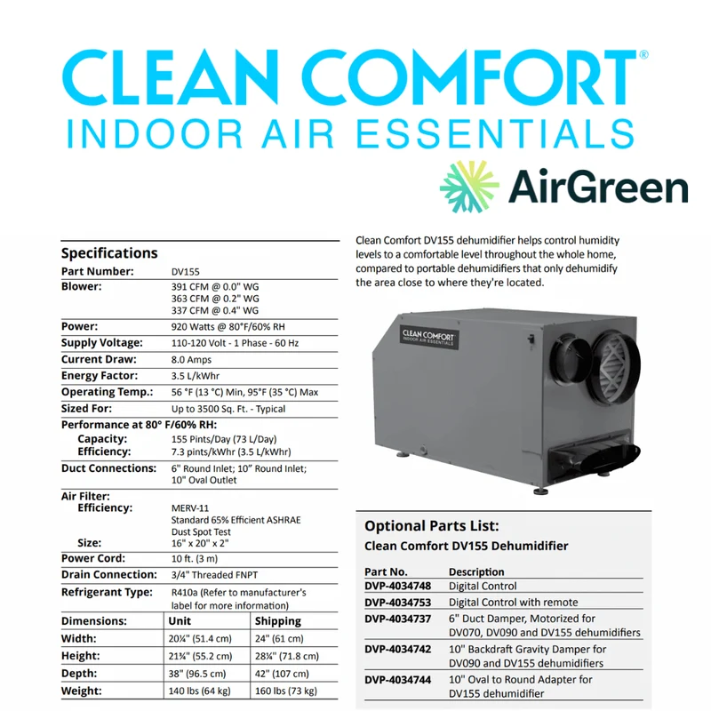 Déshumidificateur Clean Comfort DV155 | Installation à Montréal, Laval, Longueuil, Rive Sud et Rive Nord