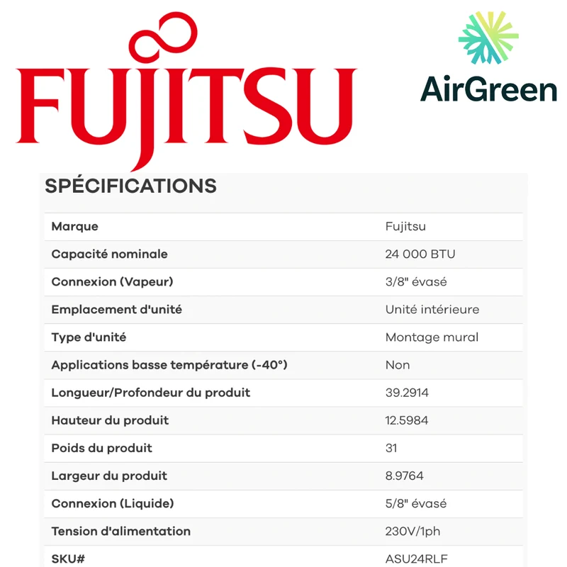 Mini Split Fujitsu RLXFWH de 24 000 BTU à Montréal